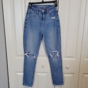 American Eagle Outfitters Light Blue High Rise Distressed Mom Jeans